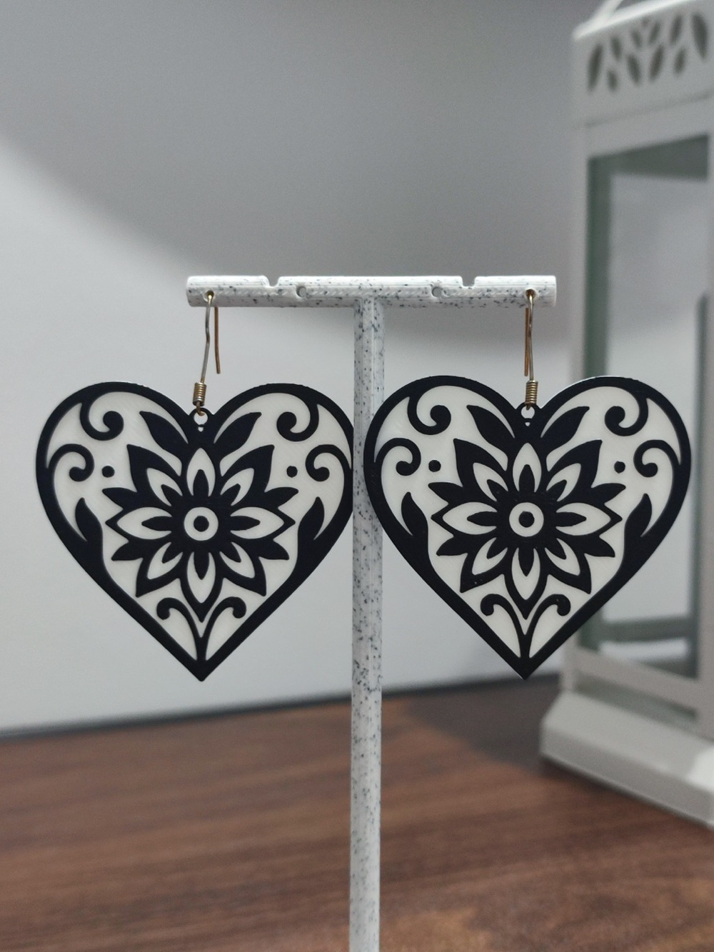 Heart Floral Drop Earrings — Black and White